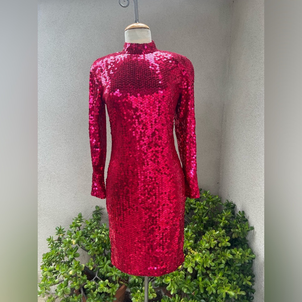 Vintage Disco Dress Ruby Red Sequins Keyhole Back… - image 2